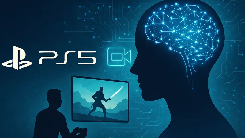 Логотип PS5 и абстрактное изображение искусственного интеллекта, создающего видео