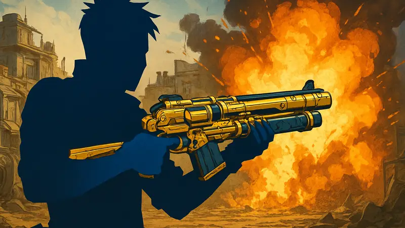 Игрок из Borderlands 4 держит легендарный дробовик, на заднем плане взрывы.