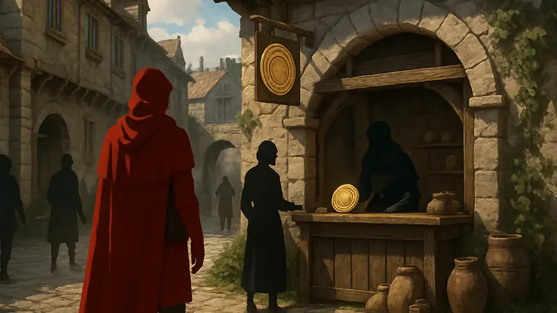 Скриншот Crimson Desert: персонаж в городе рядом с магазином Вклада (Contribution Shop)