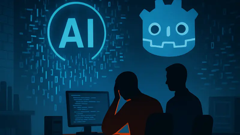 Иллюстрация: разработчики Godot Engine сталкиваются с проблемой ИИ-генерированного кода, символ AI на фоне движка.