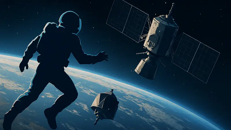 Космический пилот частной компании на орбите, маневрирующий возле спутника Space Force.