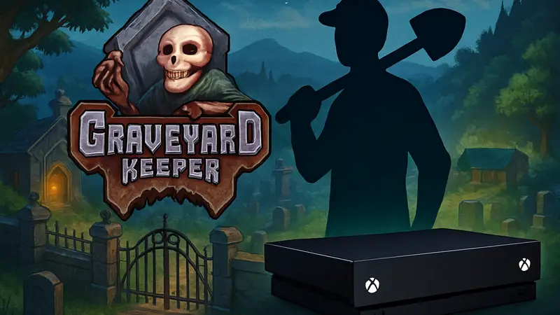 Обложка игры Graveyard Keeper, персонаж с лопатой, Xbox, бесплатно