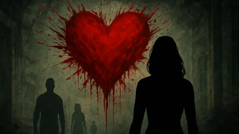 Постер фильма Heart Eyes с изображением сердца и брызг крови, анонс сиквела.