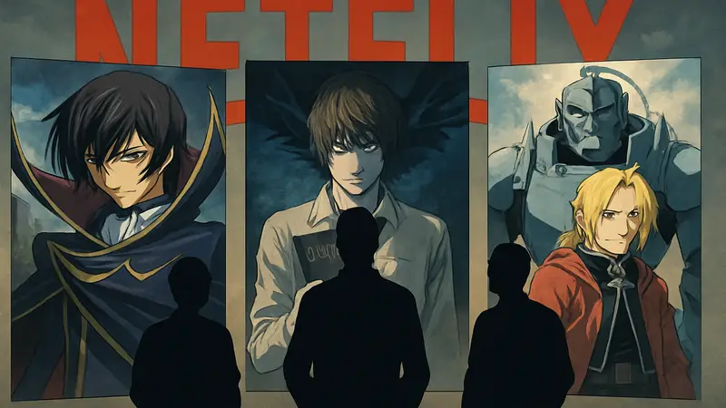 Постеры аниме 2000-х годов: Code Geass, Death Note, Fullmetal Alchemist на фоне логотипа Netflix