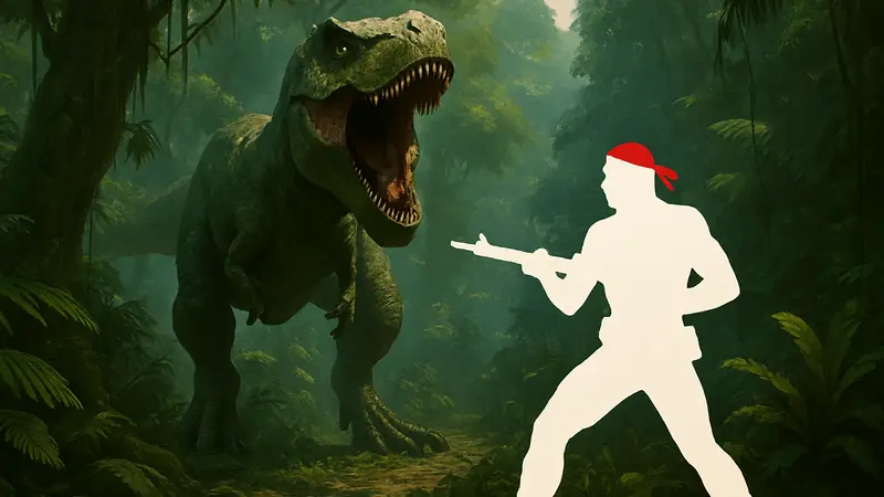 Скриншот из игры Turok: Origins с динозавром и вооруженным героем в джунглях
