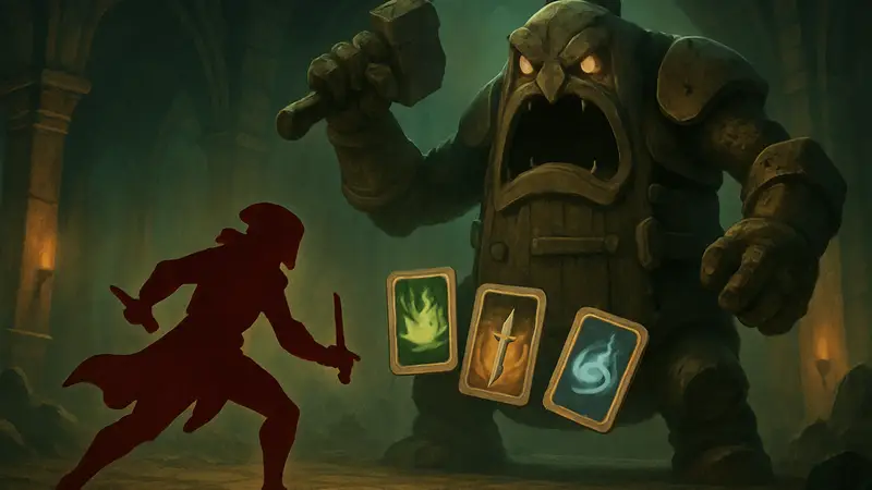 Персонаж Slay the Spire 2 сражается с огромным боссом Дверник, элементы карточной игры.