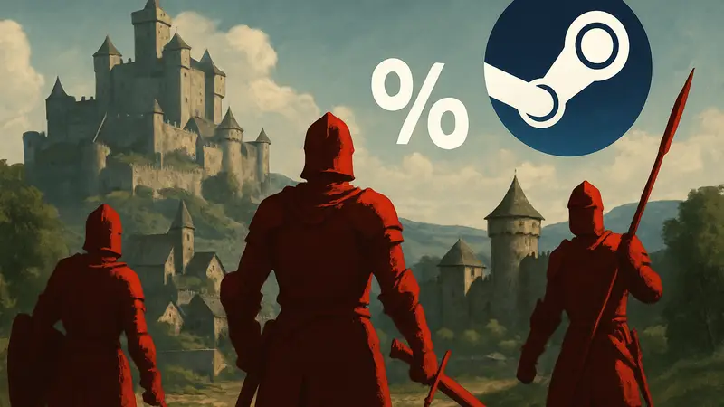 Изображение Steam Фестиваля средневековых игр: рыцари, замки и логотип Steam со скидками