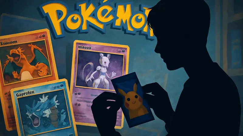 Открытие бустера с карточками Pokémon, на фоне видны редкие карты и логотип Pokémon.