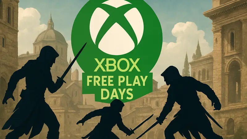 Игроки сражаются в Assassin's Creed на фоне логотипа Xbox Free Play Days.