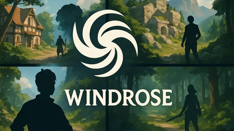Логотип игры Windrose, символизирующий ветер и успех, на фоне геймплейных скриншотов.