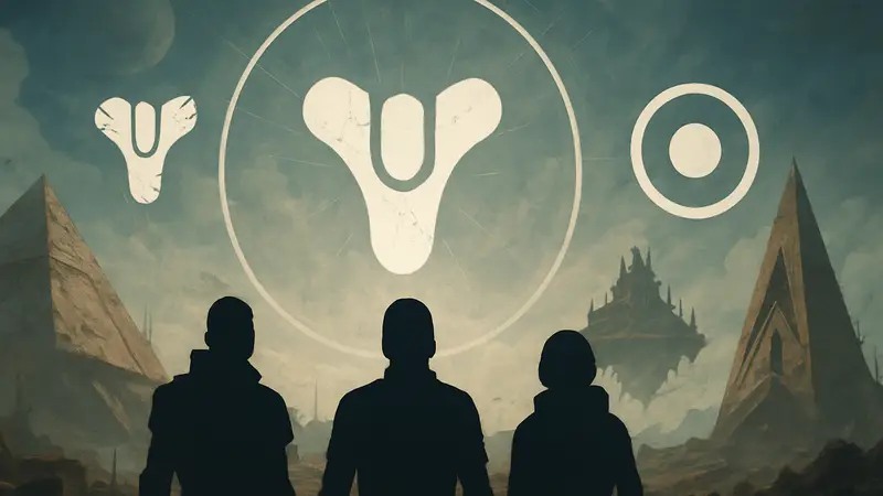 Логотип Destiny 2 на фоне символов игры и логотипа Bungie.
