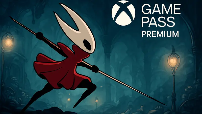 Хорнет, главная героиня Hollow Knight: Silksong, в бою, на фоне логотипа Xbox Game Pass Premium
