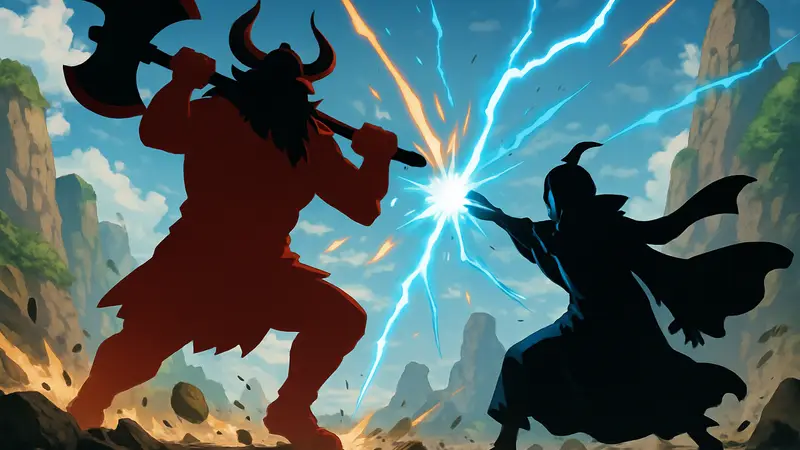 Персонажи Локи и Иму из аниме One Piece в процессе напряженной битвы на Эльбафе, яркие спецэффекты.