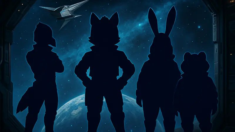 Персонажи Star Fox: Фокс МакКлауд, Фалко Ломбарди, Пеппи Хейр и Слиппи Тоуд в космических скафандрах