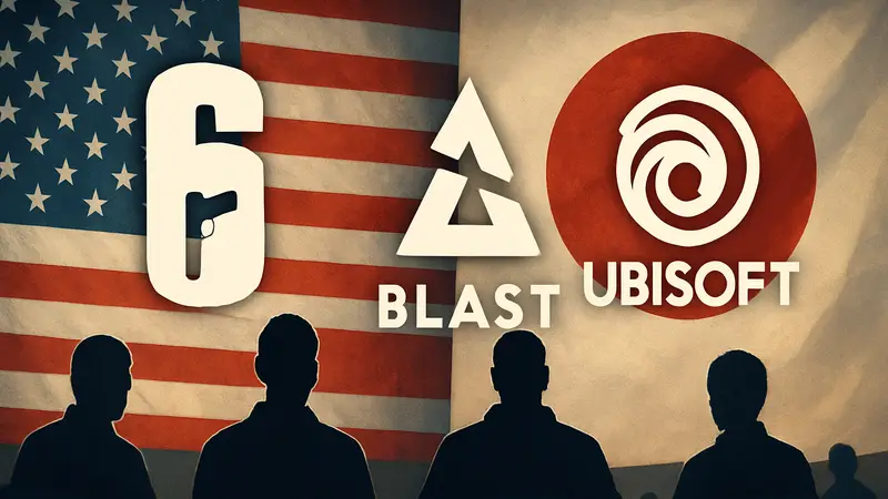 Логотипы Rainbow Six Siege, BLAST и Ubisoft с флагами США и Японии. Киберспорт R6.