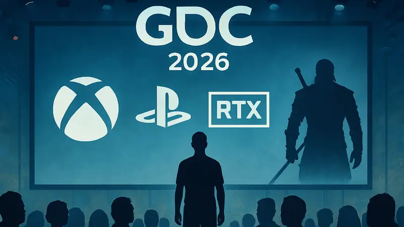 Логотип GDC 2026 и символы Xbox, PlayStation 5 Pro, RTX, Ведьмак 4, демонстрирующие анонсы Microsoft.
