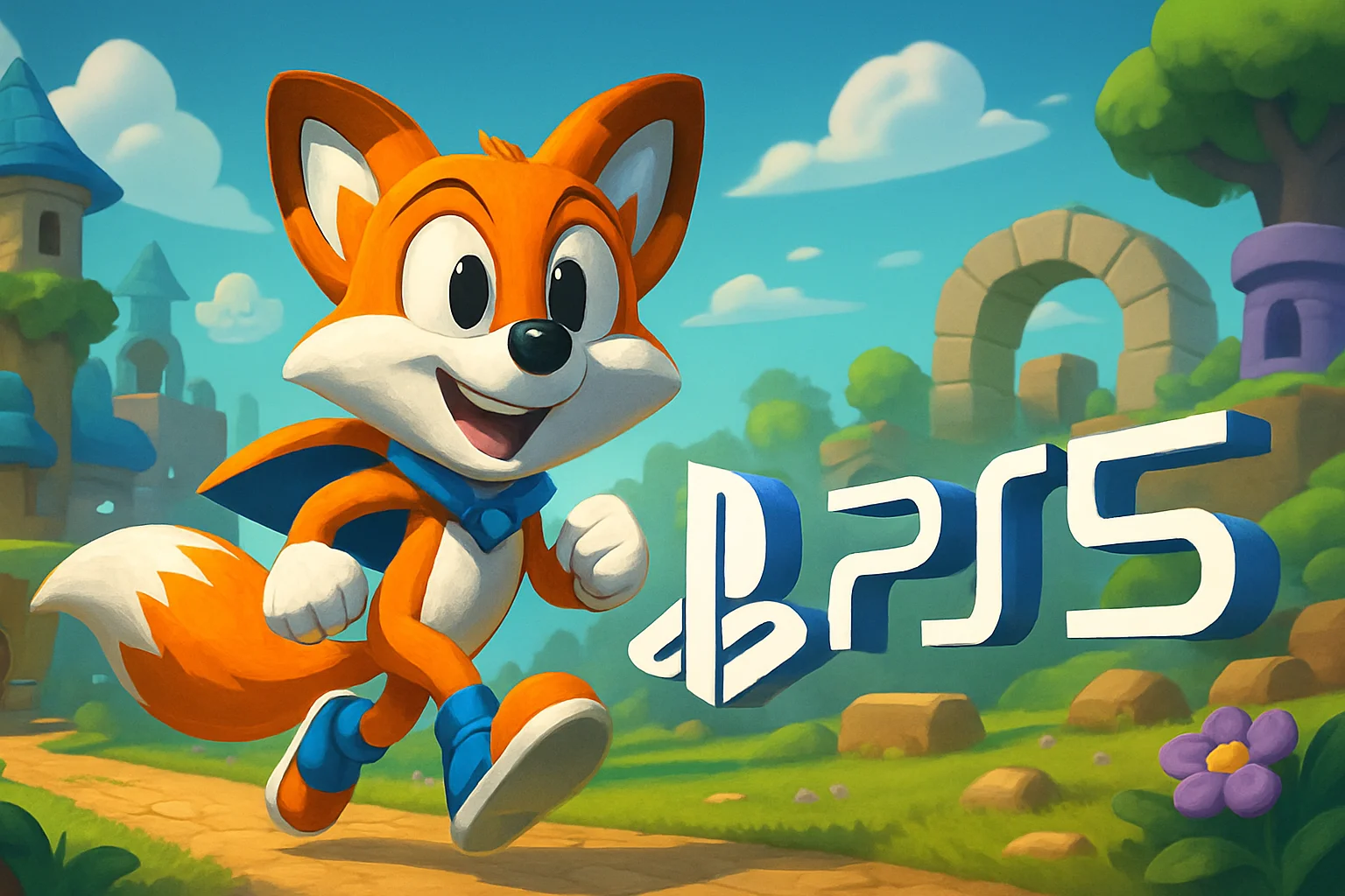 Лисенок Лаки, главный герой игры New Super Lucky’s Tale, бежит по яркому игровому миру с логотипом PS5.