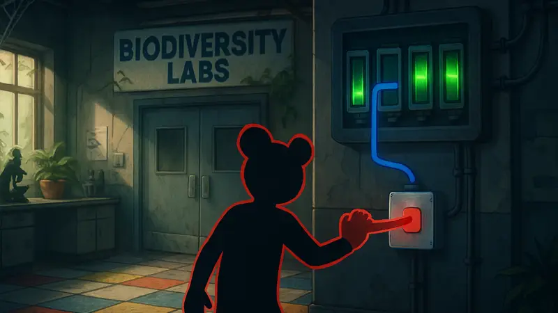 Скриншот из Poppy Playtime Chapter 5, показывающий локацию Biodiversity Labs и элементы головоломки с батареями.