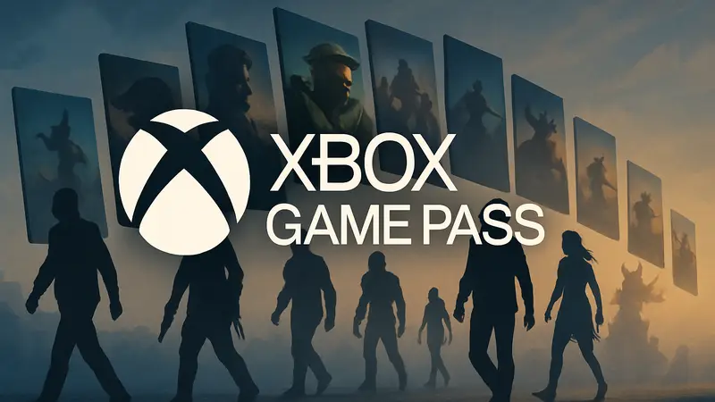 Логотип Xbox Game Pass на фоне уходящих игровых обложек, символизирующих исход игр.