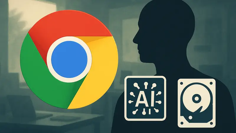 Логотип Google Chrome, рядом символ ИИ и значок жесткого диска, символизирующий использование памяти.