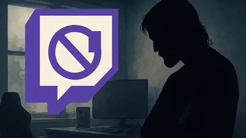 Стример Asmongold на фоне логотипа Twitch, символизирующего его временное отстранение.