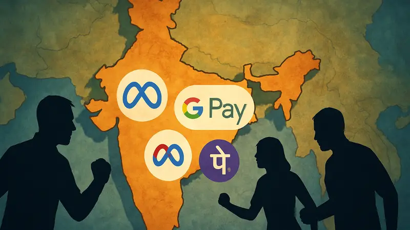 Логотипы Amazon, Meta, Google Pay и PhonePe на фоне карты Индии, обозначающие борьбу за рынок платежей.