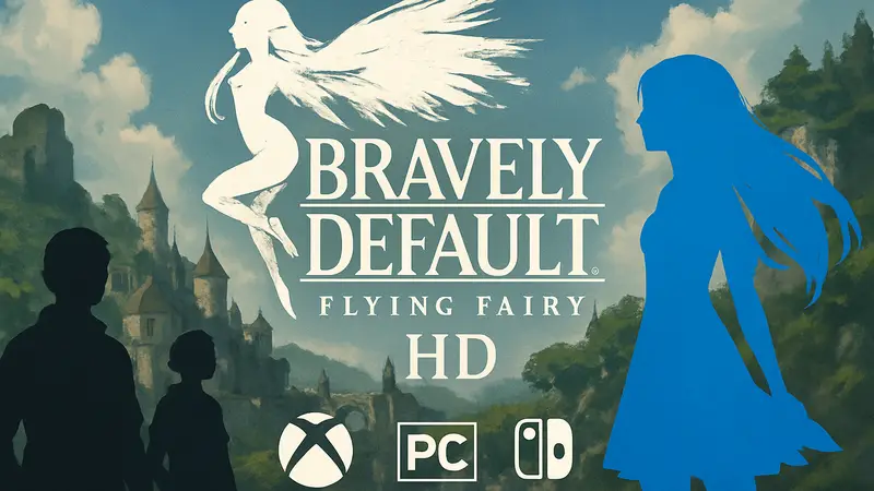 Логотип Bravely Default Flying Fairy HD Remaster с символами Xbox, PC и Nintendo Switch 2