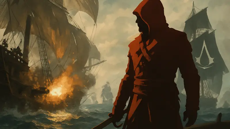 Изображение Эдварда Кенуэя из Assassin's Creed Black Flag, морской бой на корабле, логотип игры
