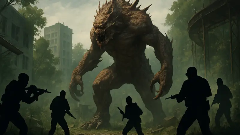Кадр из асимметричной FPS-игры, где огромный монстр противостоит группе вооруженных людей.