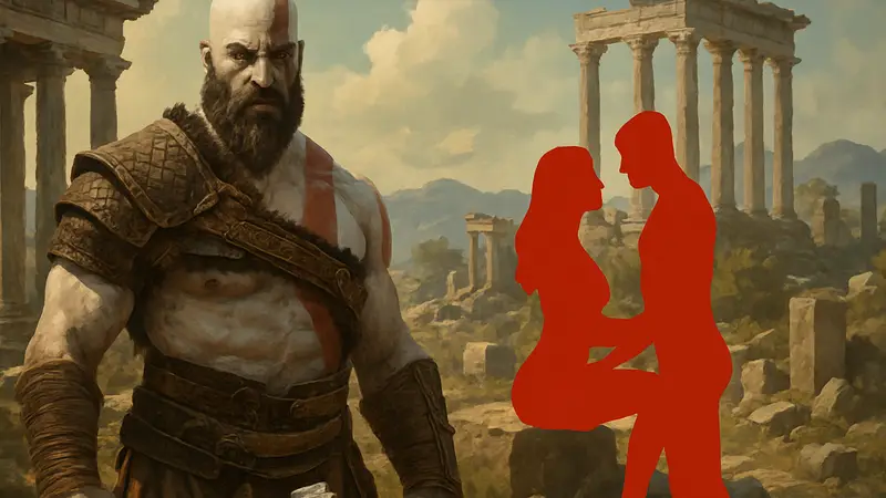Кратос из God of War, на фоне греческих руин, с намёком на взрослый контент.
