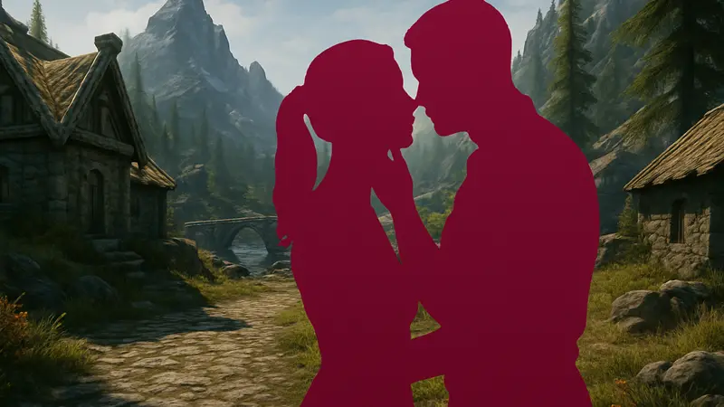 Скриншот из игры Skyrim с двумя персонажами, демонстрирующими романтические взаимодействия с помощью модов.