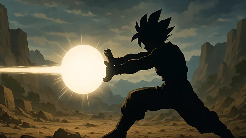 Гоку использует мощную атаку Камехамеха в Dragon Ball, показывая пик своей силы.