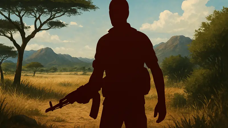 Far Cry 2 геймплей: персонаж на фоне африканской саванны с оружием