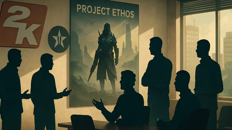 Сотрудники 2K Games и 31st Union обсуждают Project Ethos, рядом логотипы компаний и концепт-арт игры.