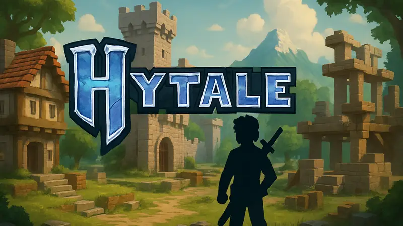 Логотип игры Hytale на фоне игрового мира, демонстрирующего строительные элементы