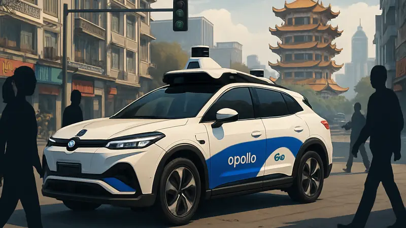 Роботакси Baidu Apollo Go на улице китайского города Ухань, демонстрирующее технологии беспилотного вождения.