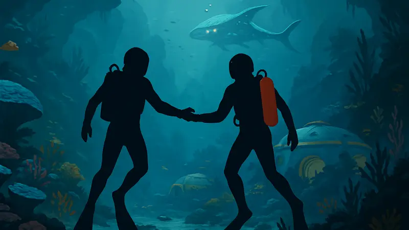 Два игровых персонажа Subnautica 2 исследуют подводный мир, демонстрируя кооператив.