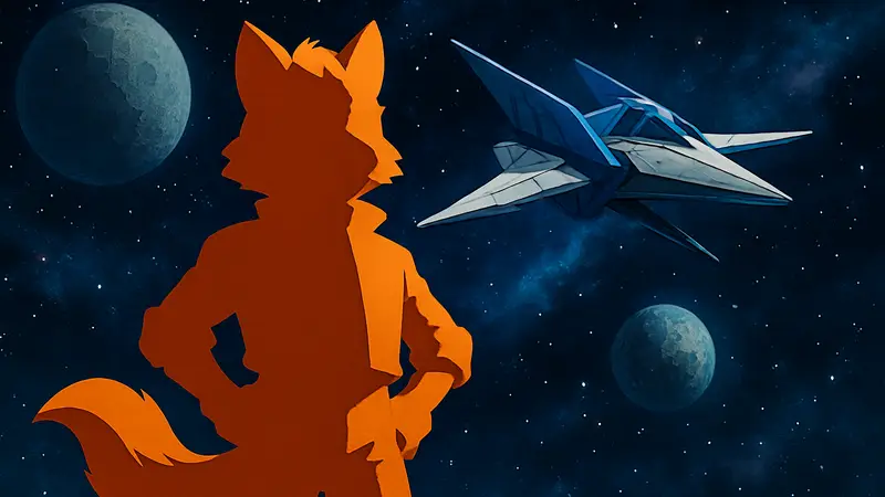 Лис Фокс МакКлауд из Star Fox в космосе, на фоне космического корабля Arwing. Иллюстрация юмористической игры Nintendo.