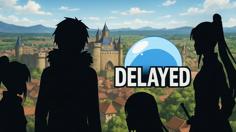 Кадр из аниме That Time I Got Reincarnated as a Slime, анонсирующий задержку серии.