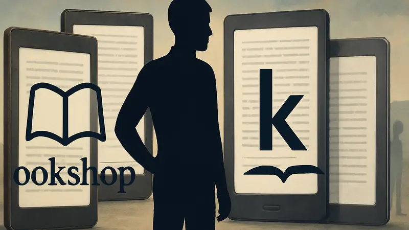 Логотипы Bookshop.org и Kobo на фоне электронных книг, символизирующие партнёрство и поддержку