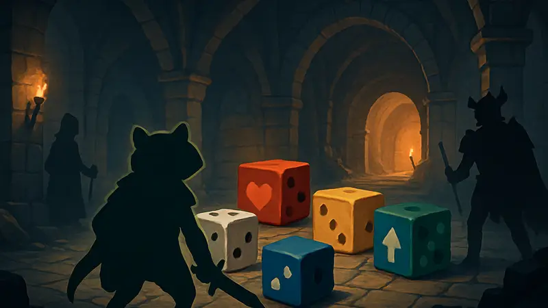 Обложка игры Die in the Dungeon 1.0 с элементами кубиков и фэнтези-подземелья