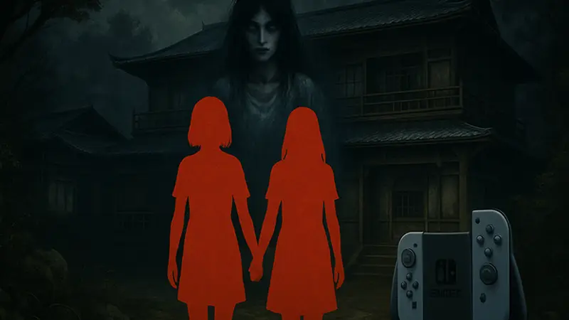 Обложка Fatal Frame II: Crimson Butterfly Remake с девушками и призраком на фоне старинного дома для Nintendo Switch 2.