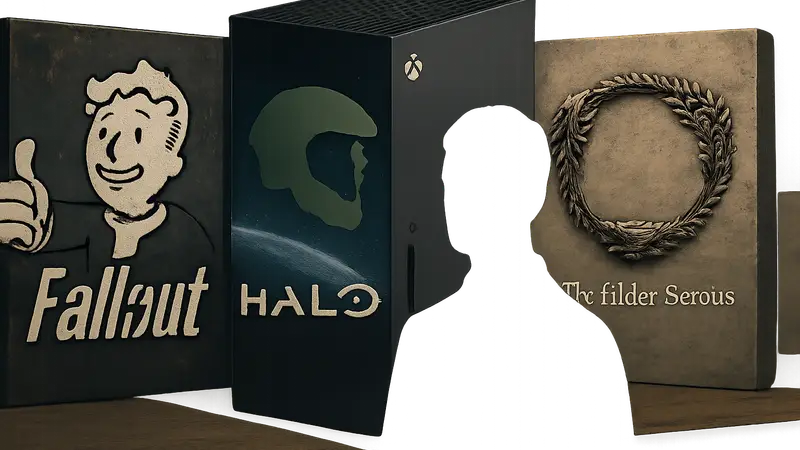 Логотипы игр Fallout, Halo и Elder Scrolls на фоне консоли Xbox