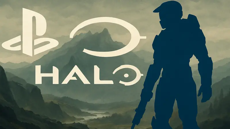 Логотип Halo или Мастер Чиф на фоне символов PlayStation и Xbox.