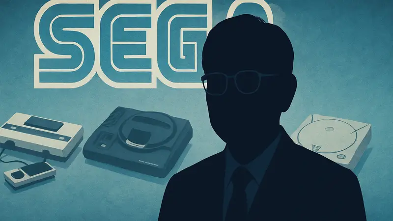 Портрет Хидеки Сато, инженера-создателя консолей Sega, на фоне логотипа Sega