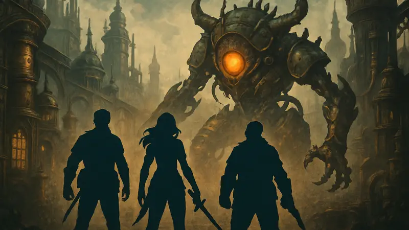 Постер экшен-RPG Heart of Gaia в стилистике стимпанк с персонажами и монстрами для Steam.