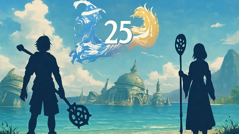 Арт с Тидусом и Юной из Final Fantasy X, отмечающий 25-летие игры и её значимость.