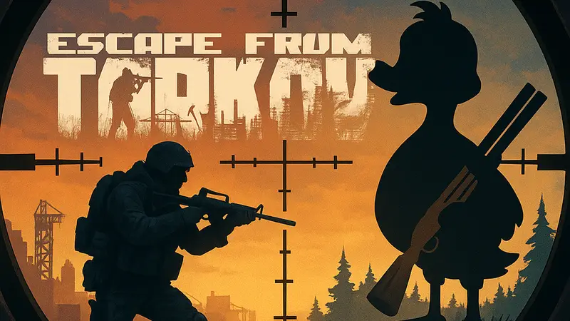 Логотипы Escape From Tarkov и Duckov на фоне перекрёстного прицела, символизирующие кроссовер игровых миров