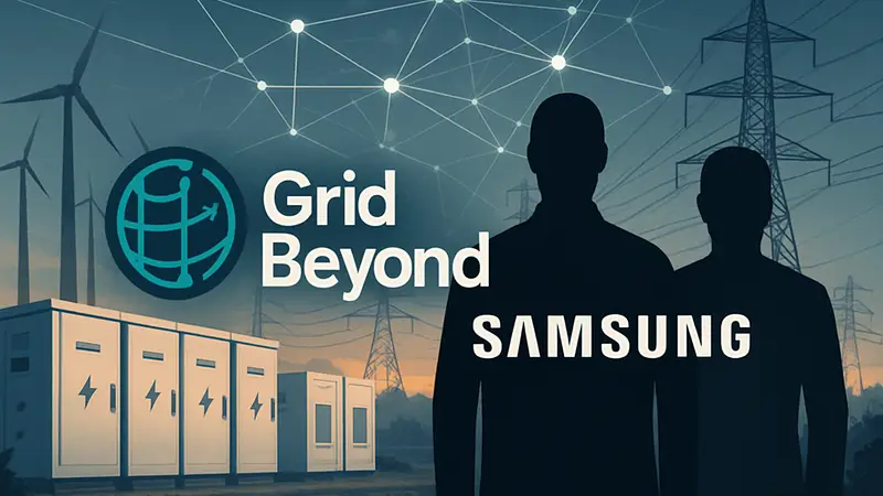 Логотип Grid Beyond и Samsung, на фоне изображение умной электросети и батарей