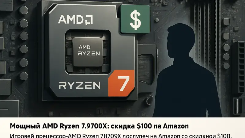 Игровой процессор AMD Ryzen 7 9700X со скидкой на Amazon, фон с материнской платой AM5.